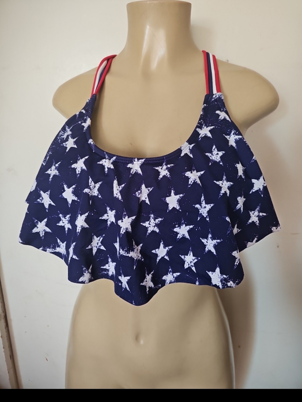 Xhilaration Navy Star Ruffle Crop Top with Red & White Straps